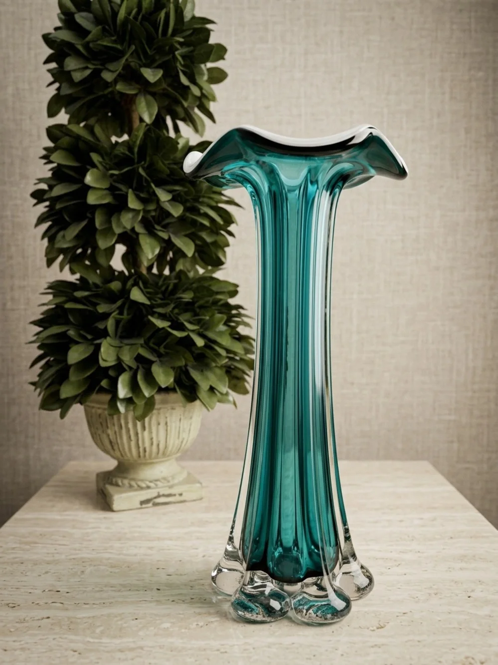 Vintage Mid-Century Murano Style Teal Fluted Glass Vase Elegant Home Decor